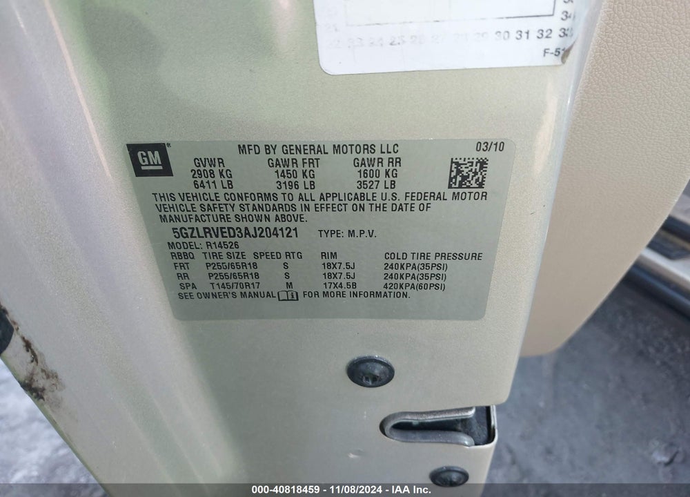 2010 SATURN OUTLOOK XR-L VIN: 5GZLRVED3AJ204121