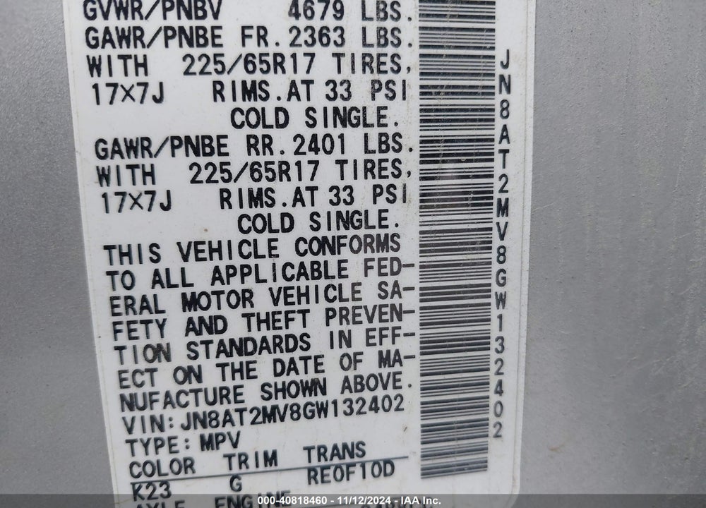 2016 NISSAN ROGUE SV VIN: JN8AT2MV8GW132402