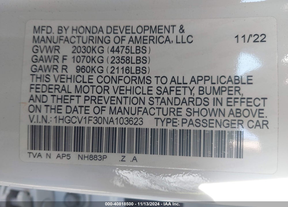 2022 HONDA ACCORD SPORT VIN: 1HGCV1F30NA103623