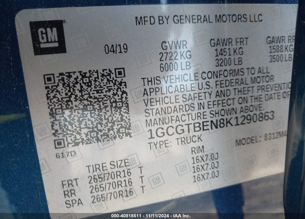 2019 CHEVROLET COLORADO VIN: 1GCGTBEN8K1290863