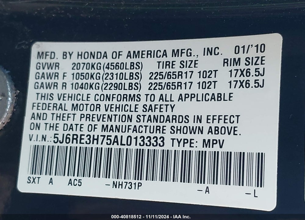 2010 HONDA CR-V EX-L VIN: 5J6RE3H75AL013333