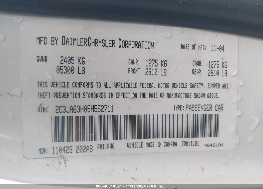 2005 CHRYSLER 300C VIN: 2C3JA63H05H552711