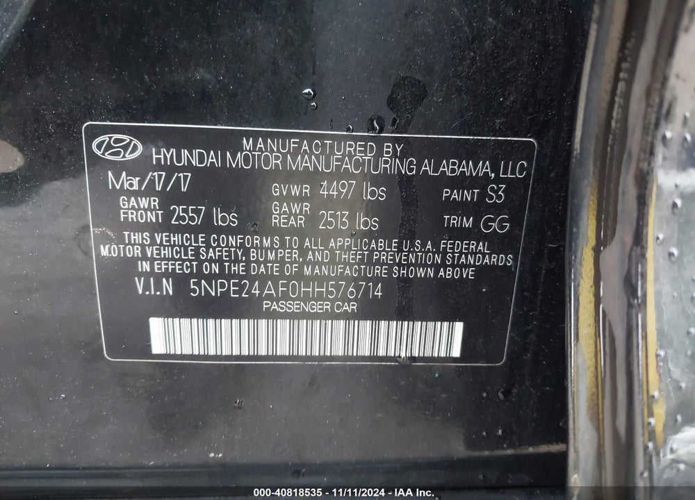 2017 HYUNDAI SONATA VIN: 5NPE24AF0HH576714