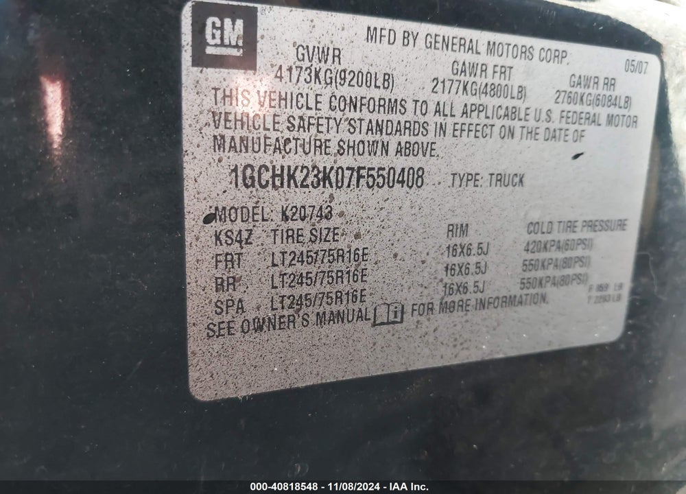 2007 CHEVROLET SILVERADO 2500HD LT1 VIN: 1GCHK23K07F550408