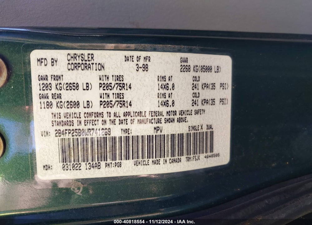 1998 DODGE CARAVAN VIN: 2B4FP25B0WR741269