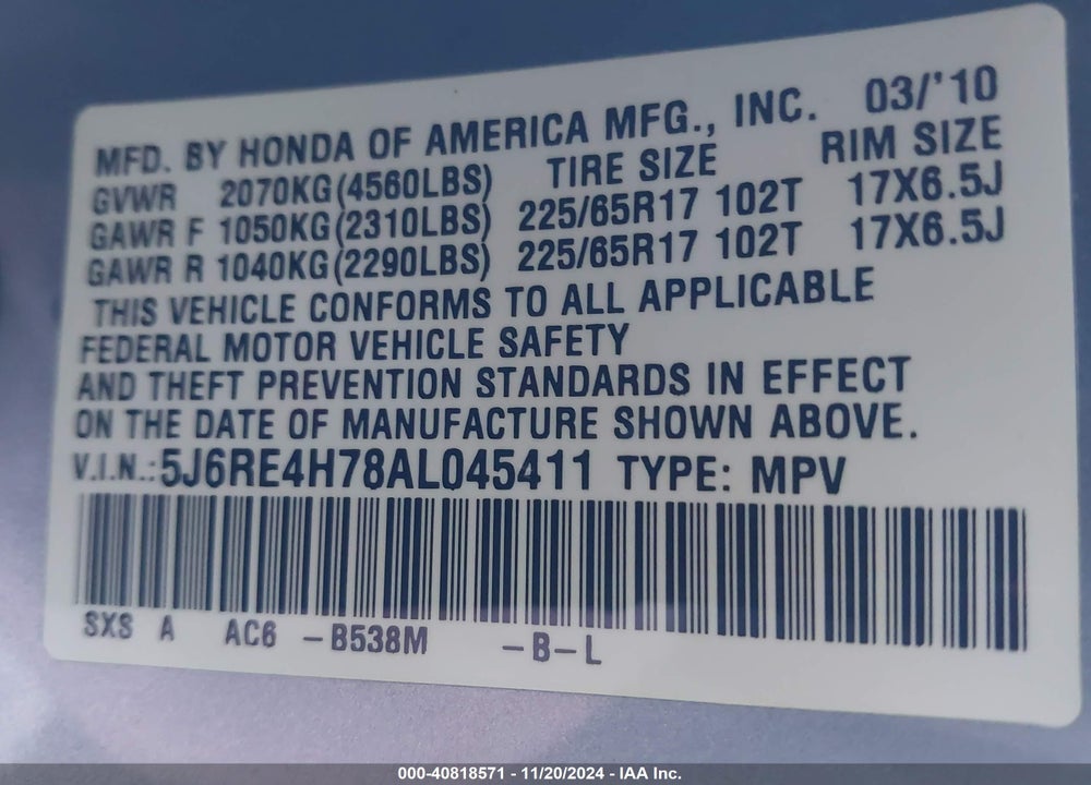 2010 HONDA CR-V EX-L VIN: 5J6RE4H78AL045411