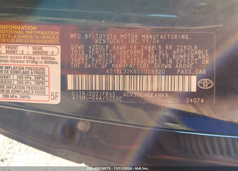 2005 TOYOTA CAMRY LE VIN: 4T1BE32K65U008920
