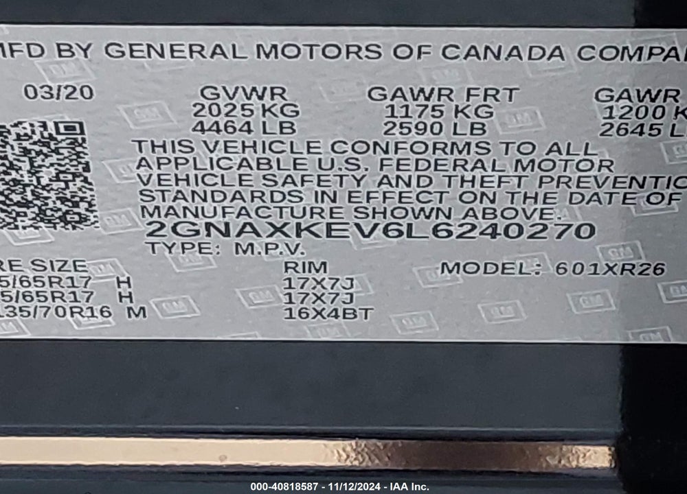 2020 CHEVROLET EQUINOX FWD LT 1.5L TURBO VIN: 2GNAXKEV6L6240270