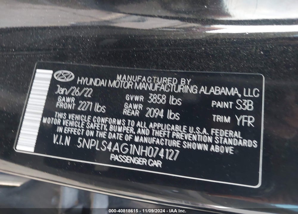2022 HYUNDAI ELANTRA SEL VIN: 5NPLS4AG1NH074127