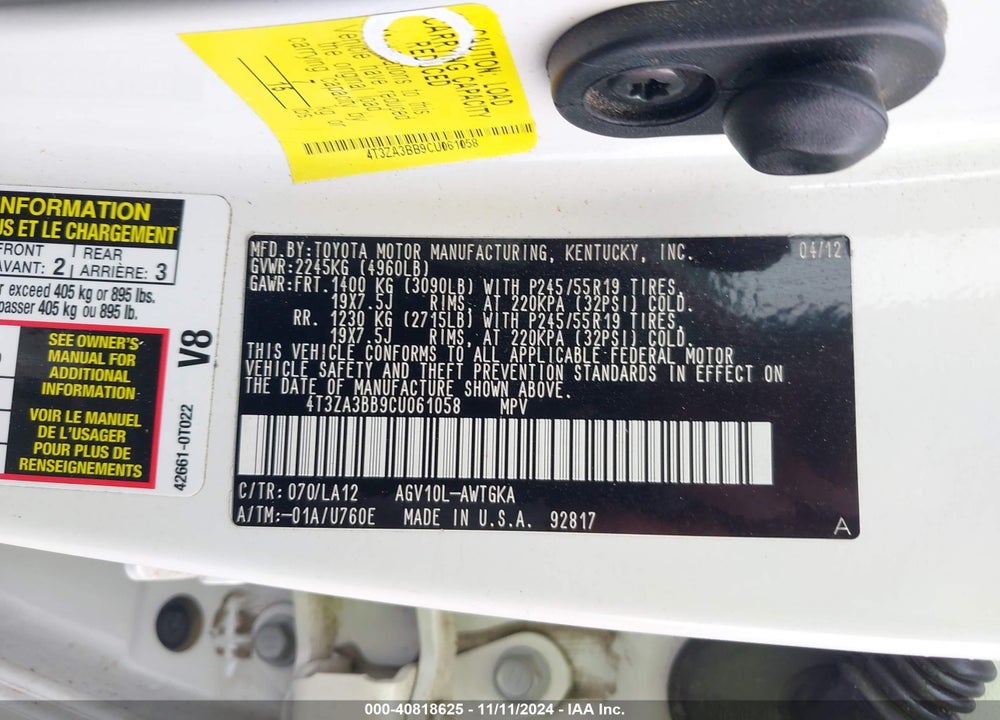 2012 TOYOTA VENZA XLE VIN: 4T3ZA3BB9CU061058
