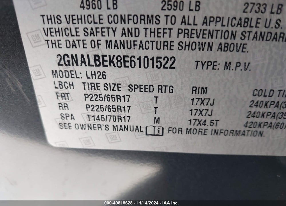 2014 CHEVROLET EQUINOX 1LT VIN: 2GNALBEK8E6101522