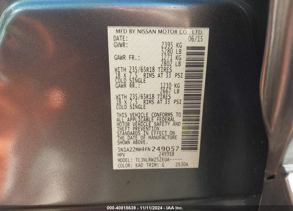 2015 NISSAN MURANO SL VIN: 5N1AZ2MH4FN249057