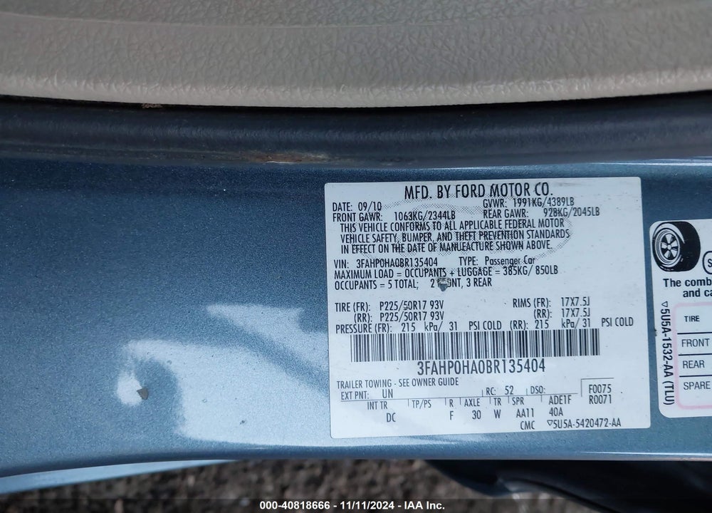 2011 FORD FUSION SE VIN: 3FAHP0HA0BR135404