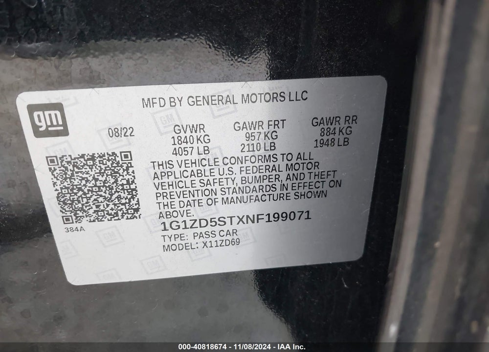 2022 CHEVROLET MALIBU FWD LT VIN: 1G1ZD5STXNF199071