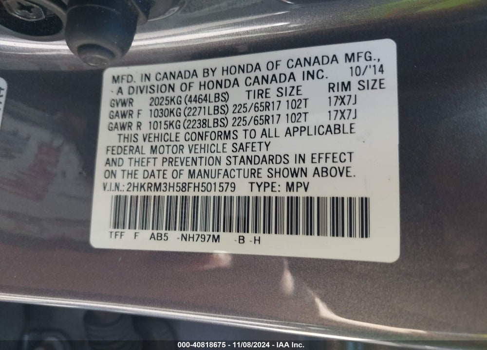 2015 HONDA CR-V EX VIN: 2HKRM3H58FH501579