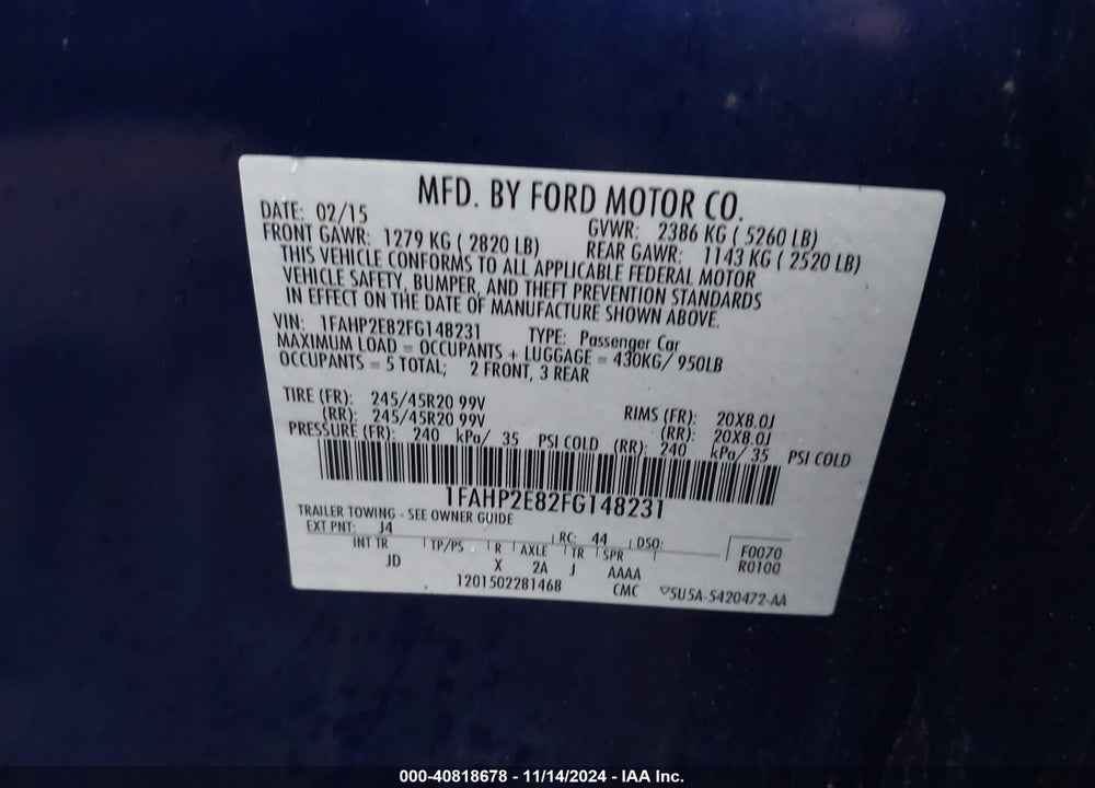 2015 FORD TAURUS SEL VIN: 1FAHP2E82FG148231