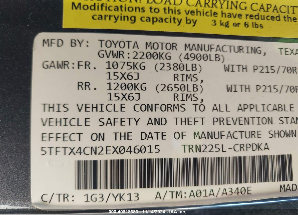2014 TOYOTA TACOMA VIN: 5TFTX4CN2EX046015