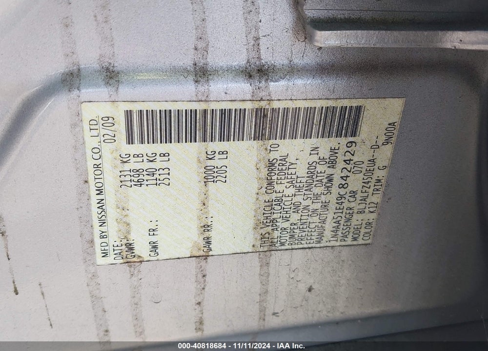 2009 NISSAN MAXIMA 3.5 SV VIN: 1N4AA51E49C842429