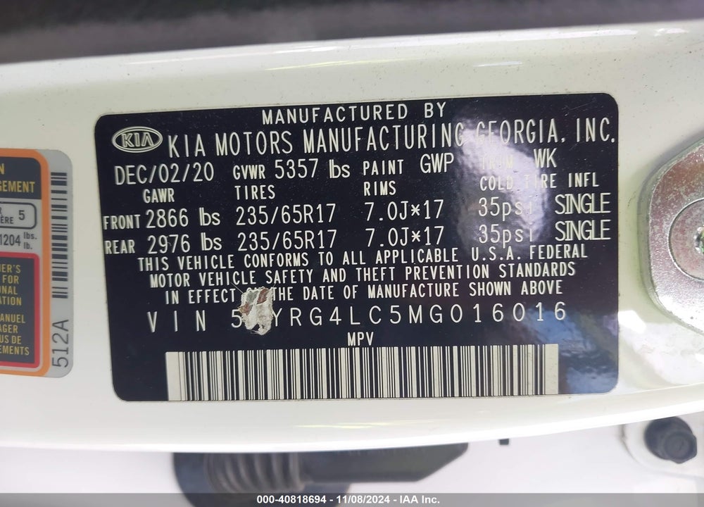 2021 KIA SORENTO LX VIN: 5XYRG4LC5MG016016