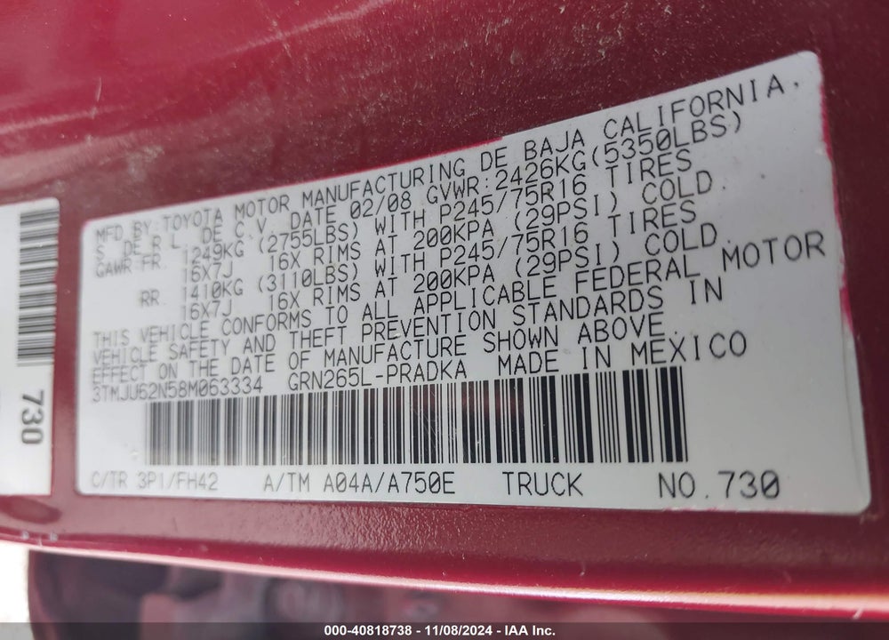 2008 TOYOTA TACOMA PRERUNNER V6 VIN: 3TMJU62N58M063334