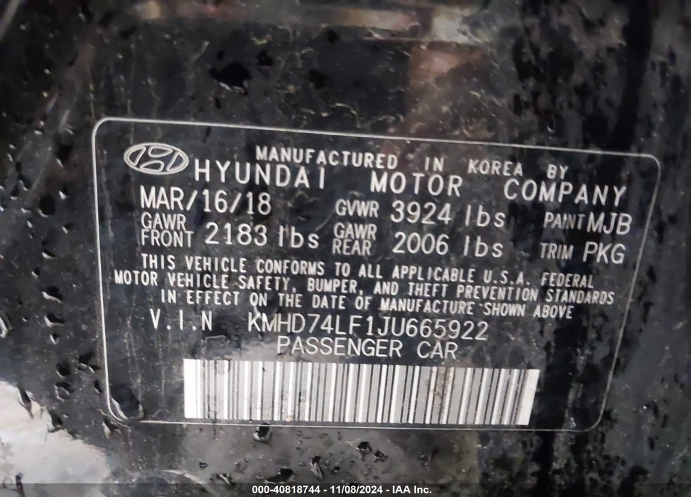 2018 HYUNDAI ELANTRA SE VIN: KMHD74LF1JU665922