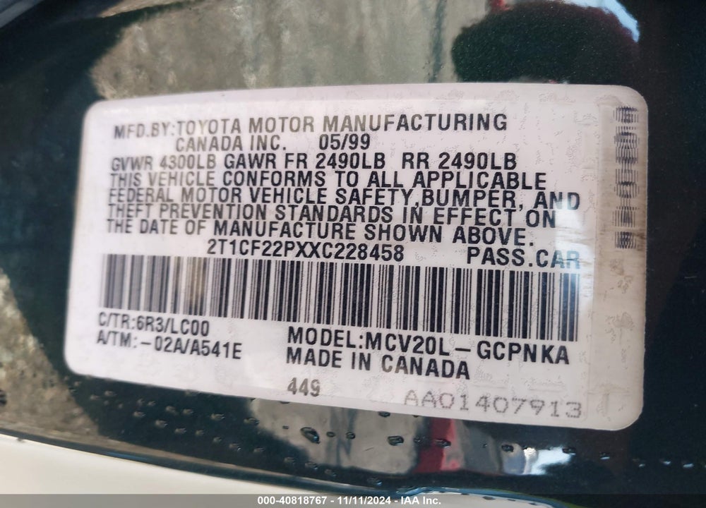 1999 TOYOTA CAMRY SOLARA SLE VIN: 2T1CF22PXXC228458