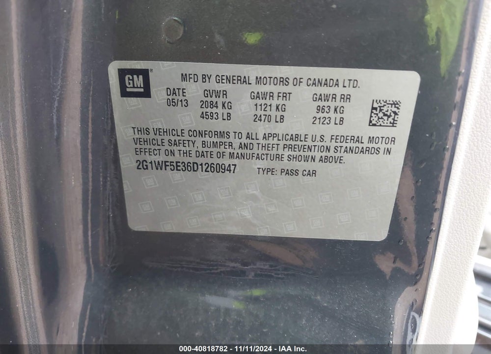 2013 CHEVROLET IMPALA LS VIN: 2G1WF5E36D1260947