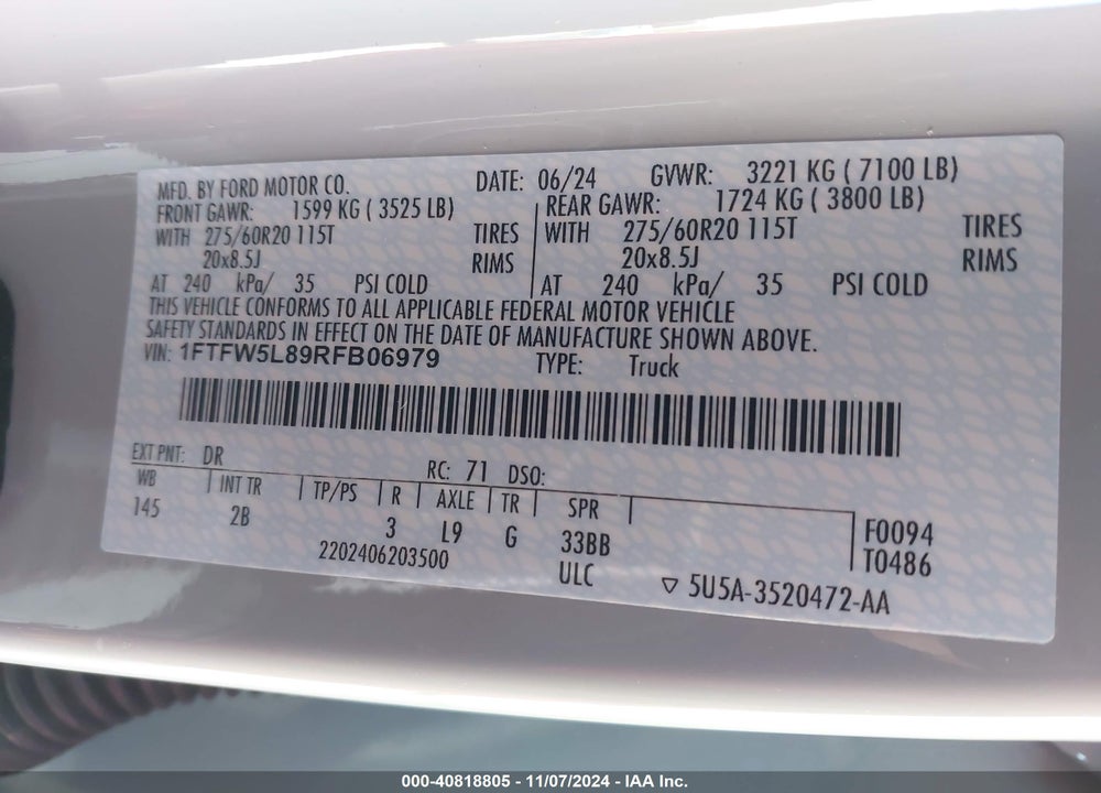 2024 FORD F-150 LARIAT VIN: 1FTFW5L89RFB06979