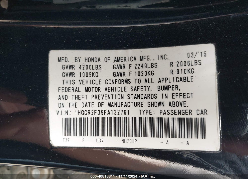 2015 HONDA ACCORD LX VIN: 1HGCR2F39FA132761