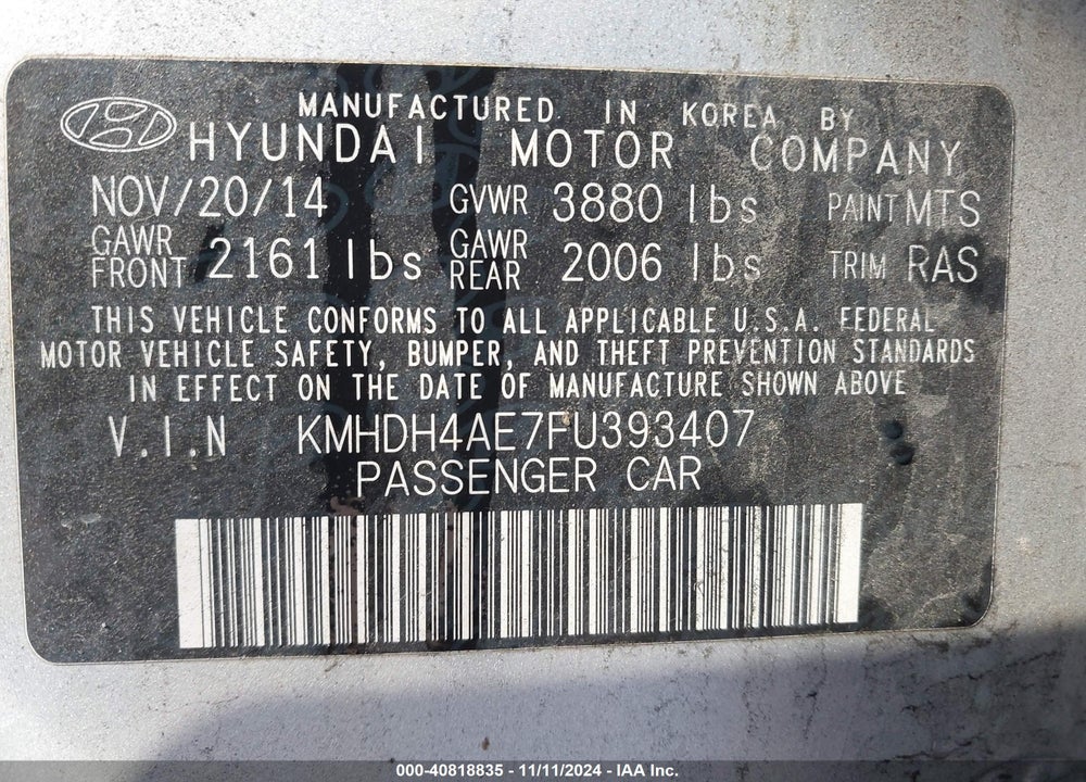 2015 HYUNDAI ELANTRA VIN: KMHDH4AE7FU393407