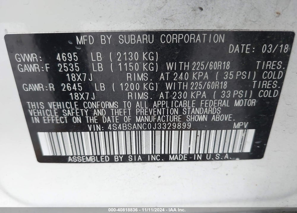 2018 SUBARU OUTBACK 2.5I LIMITED VIN: 4S4BSANC0J3329899