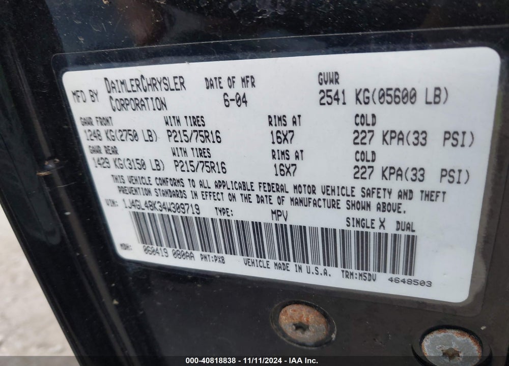 2004 JEEP LIBERTY SPORT VIN: 1J4GL48K34W309719