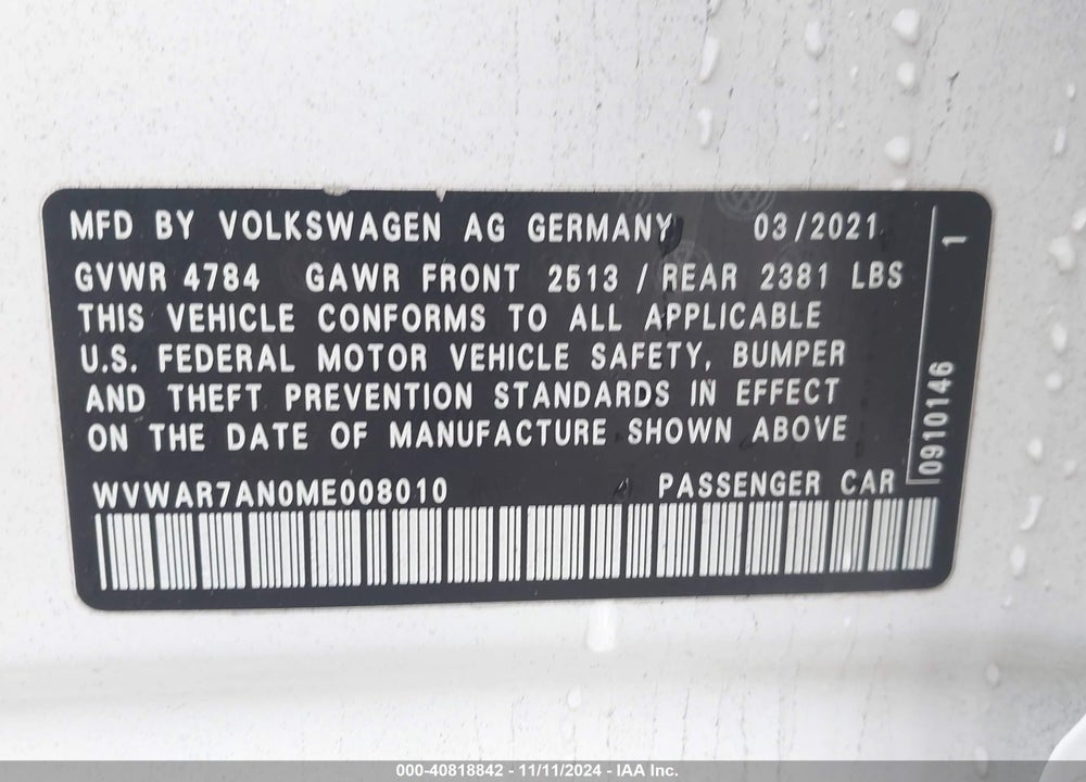 2021 VOLKSWAGEN ARTEON 2.0T SE VIN: WVWAR7AN0ME008010