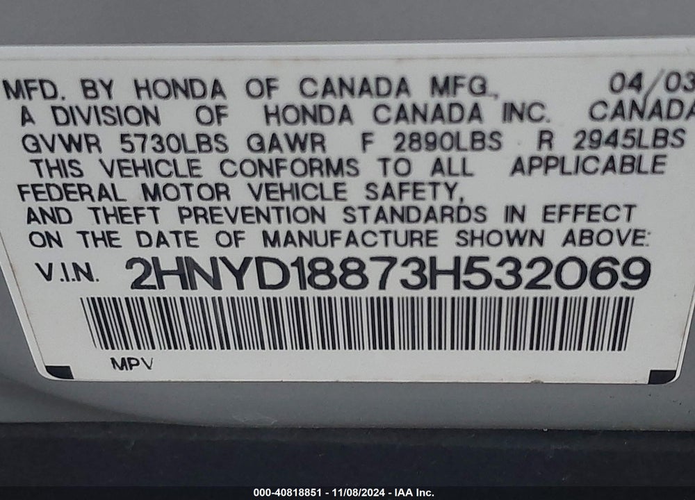 2003 ACURA MDX VIN: 2HNYD18873H532069