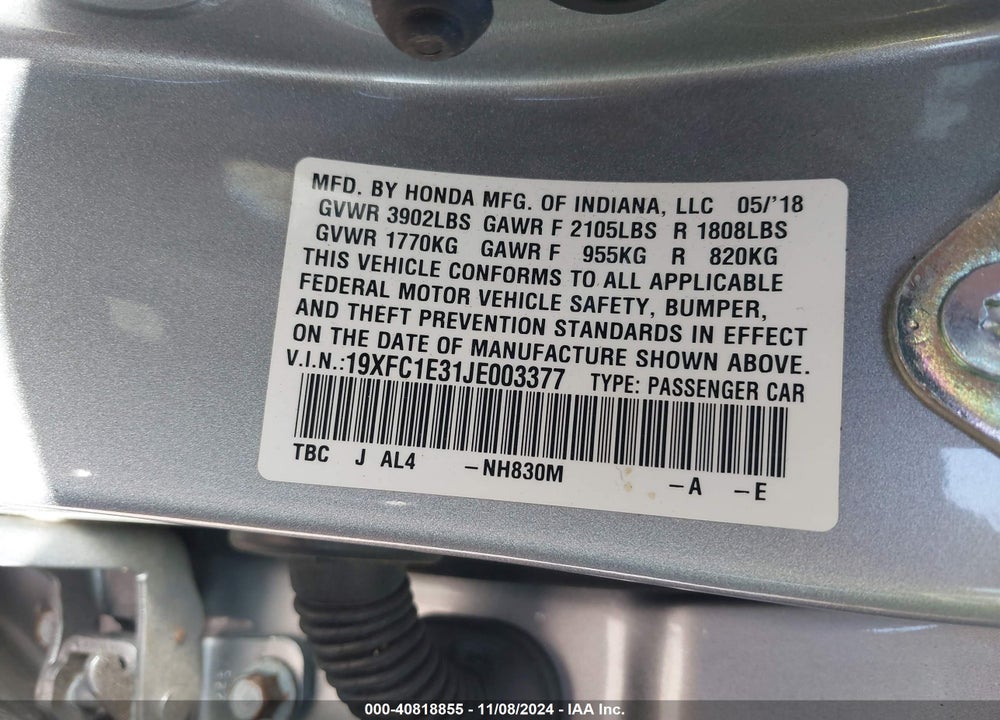 2018 HONDA CIVIC EX-T VIN: 19XFC1E31JE003377