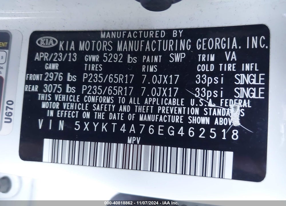 2014 KIA SORENTO LX V6 VIN: 5XYKT4A76EG462518