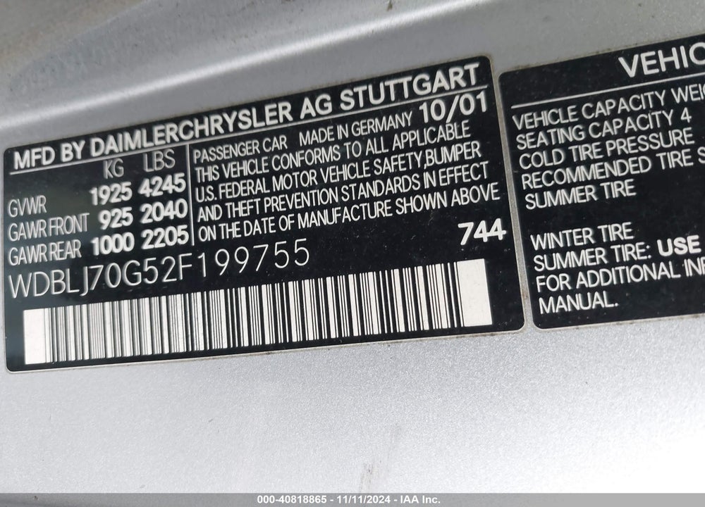 2002 MERCEDES-BENZ CLK 430 VIN: WDBLJ70G52F199755