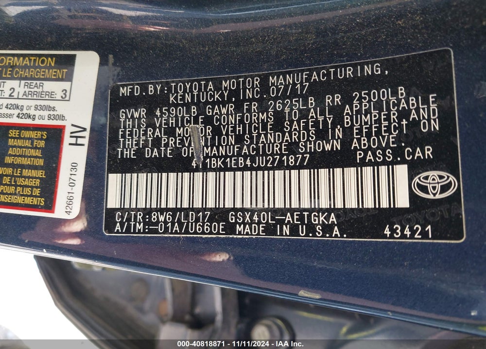 2018 TOYOTA AVALON XLE VIN: 4T1BK1EB4JU271877