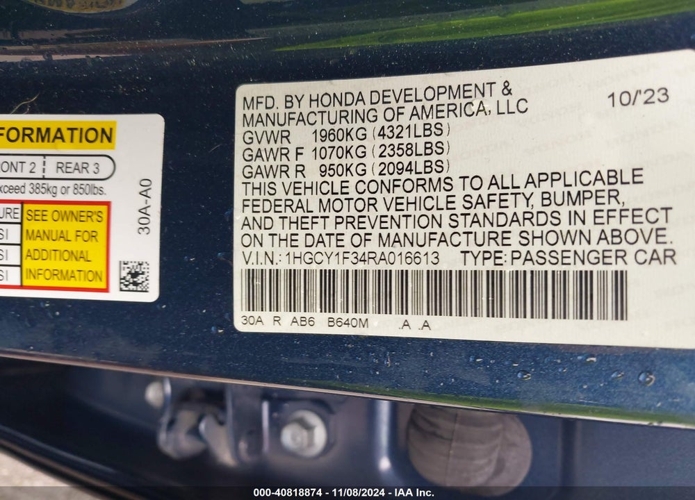 2024 HONDA ACCORD EX VIN: 1HGCY1F34RA016613
