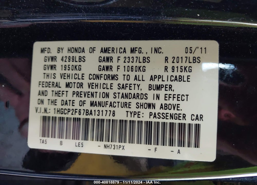 2011 HONDA ACCORD 2.4 SE VIN: 1HGCP2F67BA131778