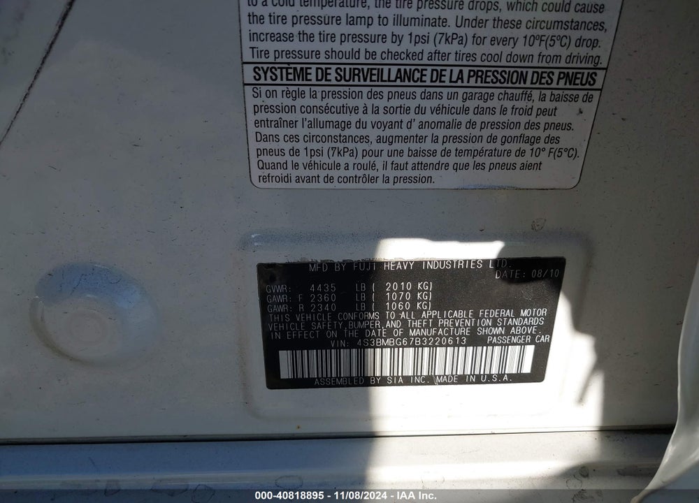 2011 SUBARU LEGACY 2.5I PREMIUM VIN: 4S3BMBG67B3220613