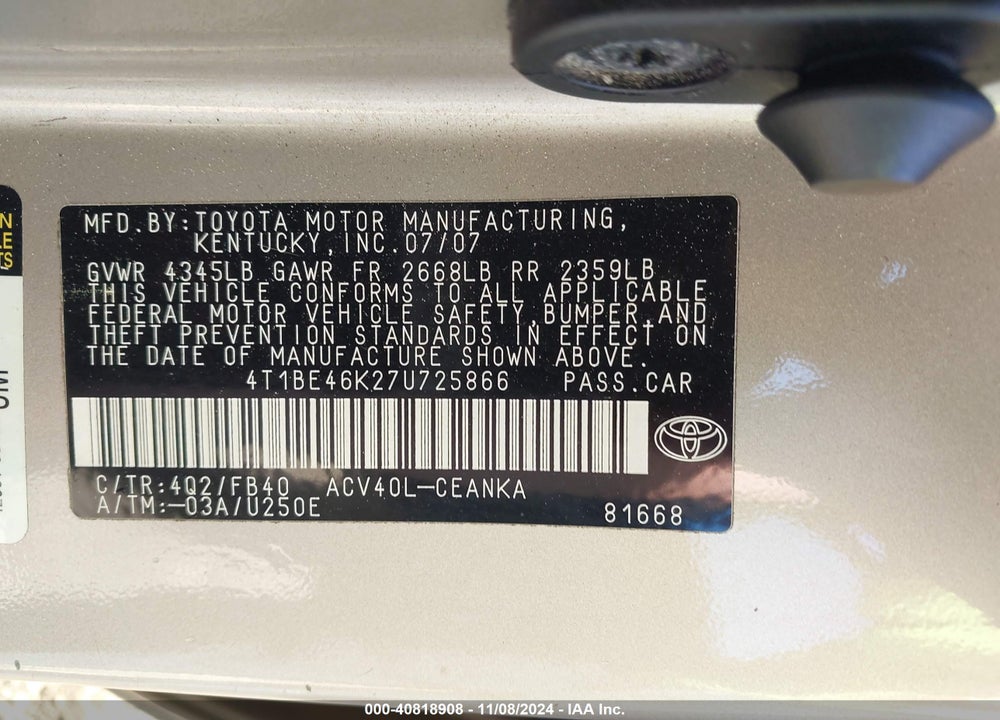 2007 TOYOTA CAMRY LE VIN: 4T1BE46K27U725866