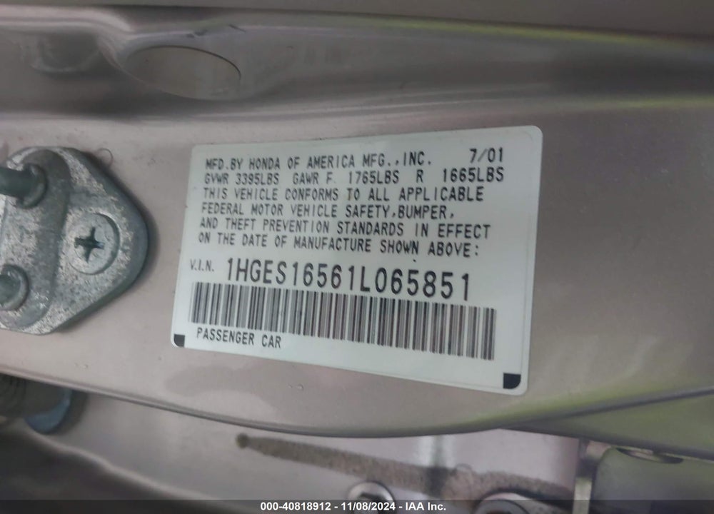 2001 HONDA CIVIC LX VIN: 1HGES16561L065851