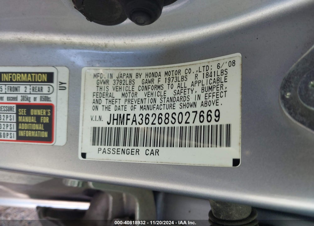 2008 HONDA CIVIC HYBRID VIN: JHMFA36268S027669