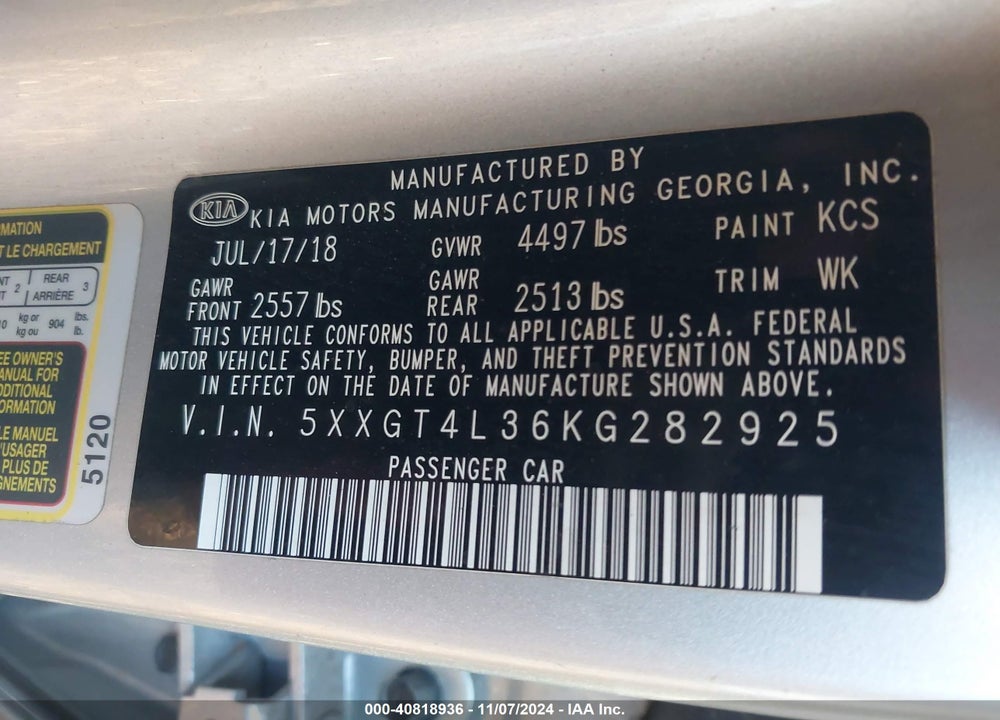 2019 KIA OPTIMA LX VIN: 5XXGT4L36KG282925