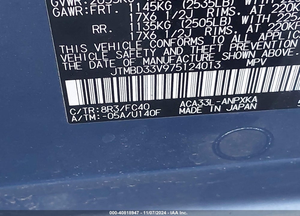 2007 TOYOTA RAV4 VIN: JTMBD33V975124013
