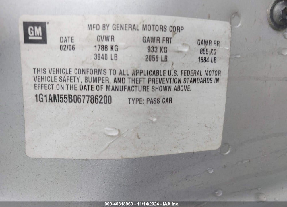 2006 CHEVROLET COBALT SS VIN: 1G1AM55B067786200