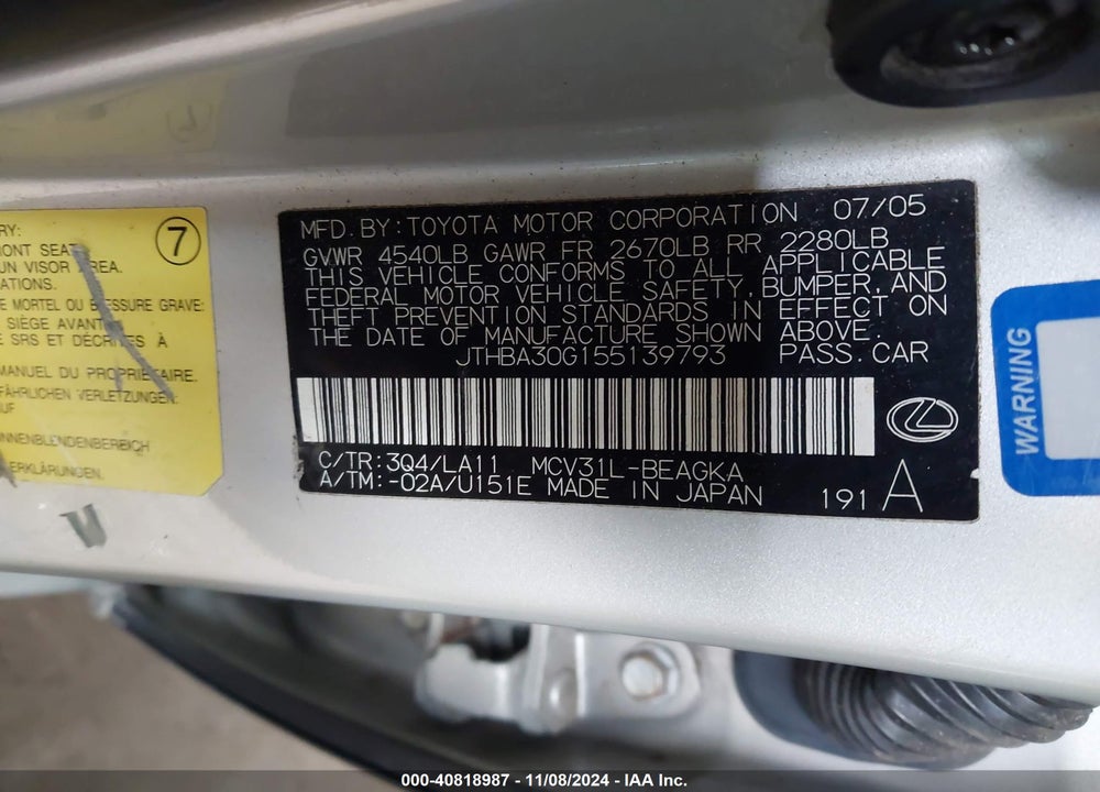 2005 LEXUS ES 330 VIN: JTHBA30G155139793