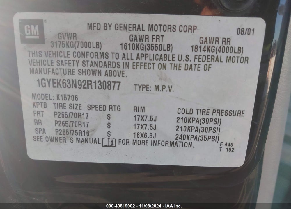 2002 CADILLAC ESCALADE STANDARD VIN: 1GYEK63N92R130877