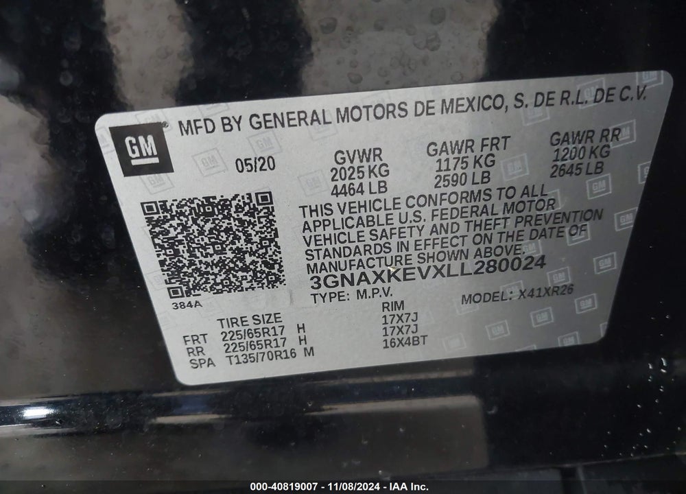 2020 CHEVROLET EQUINOX FWD LT 1.5L TURBO VIN: 3GNAXKEVXLL280024